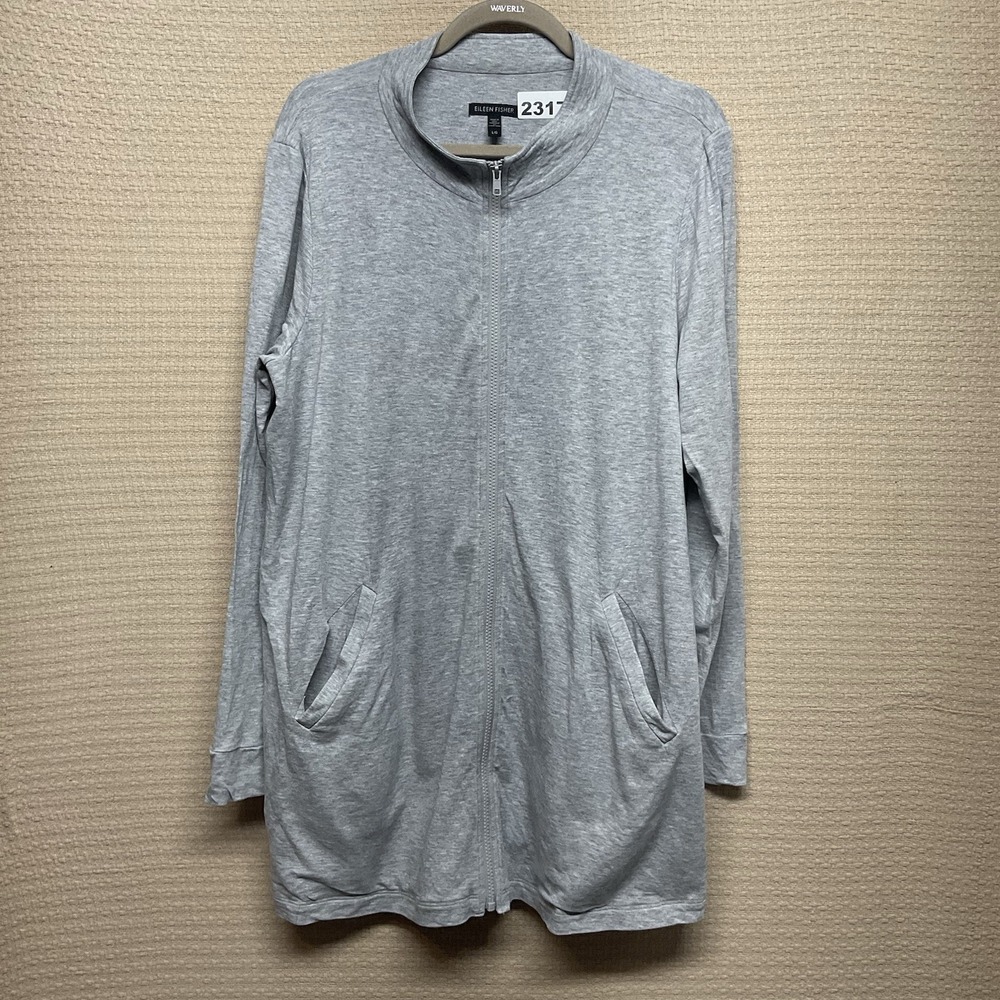 EILEEN FISHER STRETCH FULL ZIP L GRAY JACKET USA MADE COMFY LOUNGE MINIMALIST